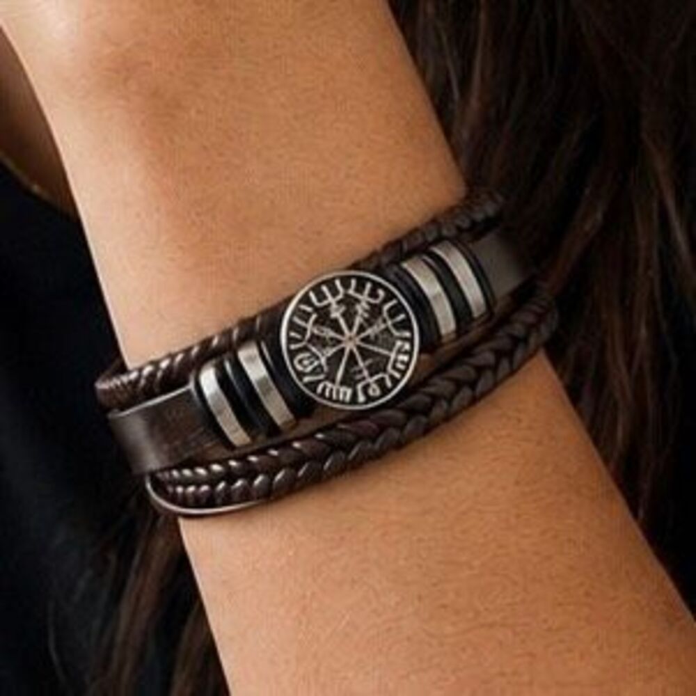 Brown Viking Compass Medallion Multi-Strand Vegan Leather Bracelet